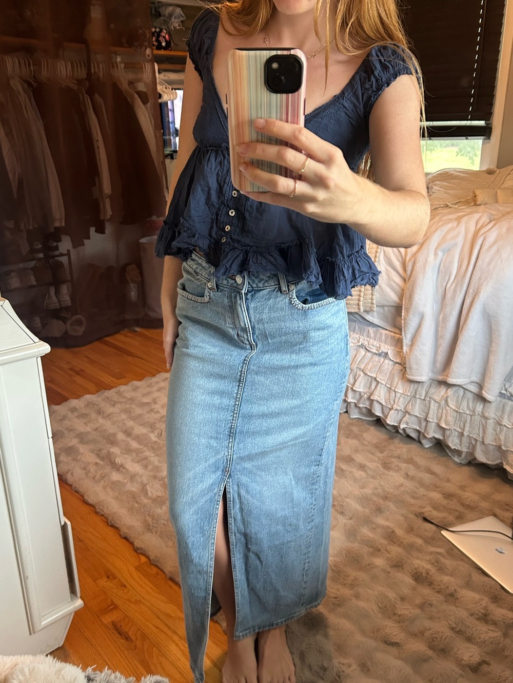 LOFT Light Wash Denim Midi Skirt